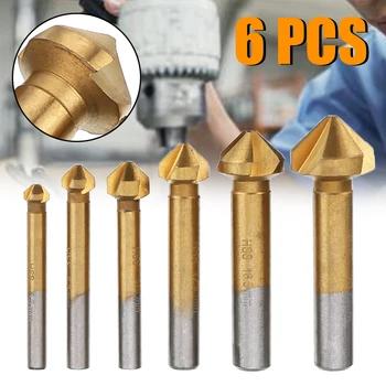 

6Pcs 3 Flute Countersink Drill Bit Round Handle 90 Degree HSS Wood Metal Chamfering Cutter Tool 6.3/8.3/10.4/12.4/16.5/20.5mm