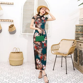 

Plus Size 3XL Short Sleeve Classic Women Rayon Cheongsam Elegant Long Sexy Qipao Summer Print Flower Dress Mandarin Collar