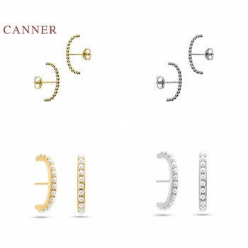 

CANNER Real 925 Sterling Silver Earrings For Women Mini Thread Half Moon Pearl Stud Earrings Zircon Diamond Jewelry Pendientes