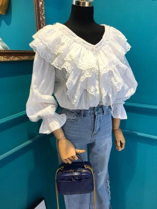 

Nice Tide Summer Women Casual Lace Ruffles White Shirts Flare Sleeve Elegant Flare Long Sleeve Top Solid V Neck Blouses