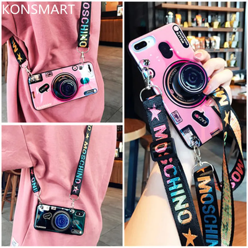 

KONSMART Case For OPPO F15 F11 Pro F9 F7 F5 F3 F1S Retro 3D Camera Soft Back Cover Stand Holder Lanyard Silicone Phone Case