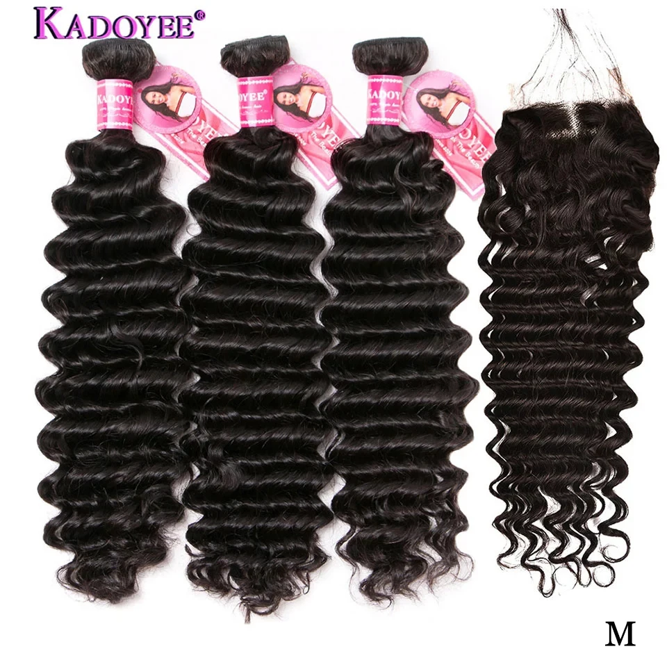 KADOYEE глубокая волна волосы плетение 3 + 1 пучки с закрытием человеческих волос пучки с закрытием remy волосы расширения для черных женщин