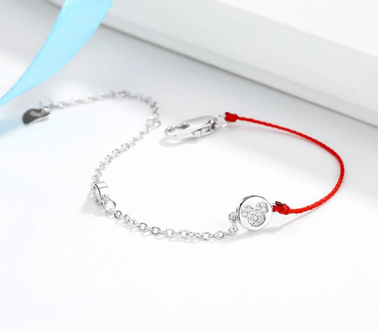 Модные браслеты из стерлингового серебра 925 пробы для женщин, ювелирное изделие, милый мини-браслет с мультяшной Золотой мышкой и Красной веревкой, подарок подруге, KOFSAC