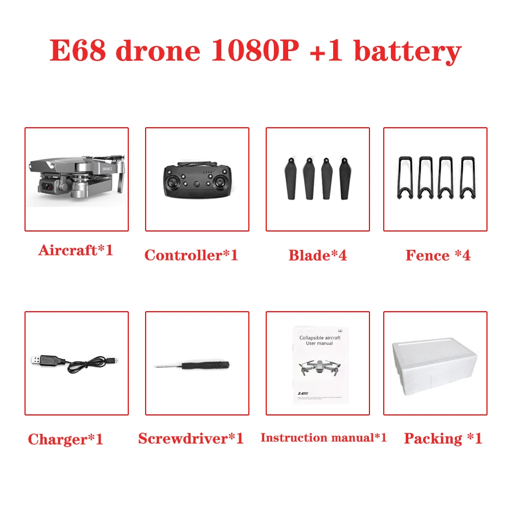 1080p E68 Дрон HD широкоугольный 4K wifi 1080P FPV дроны видео запись в реальном времени Квадрокоптер высота для обслуживания Дрон камеры e58 Дрон игрушки - Цвет: 1080p