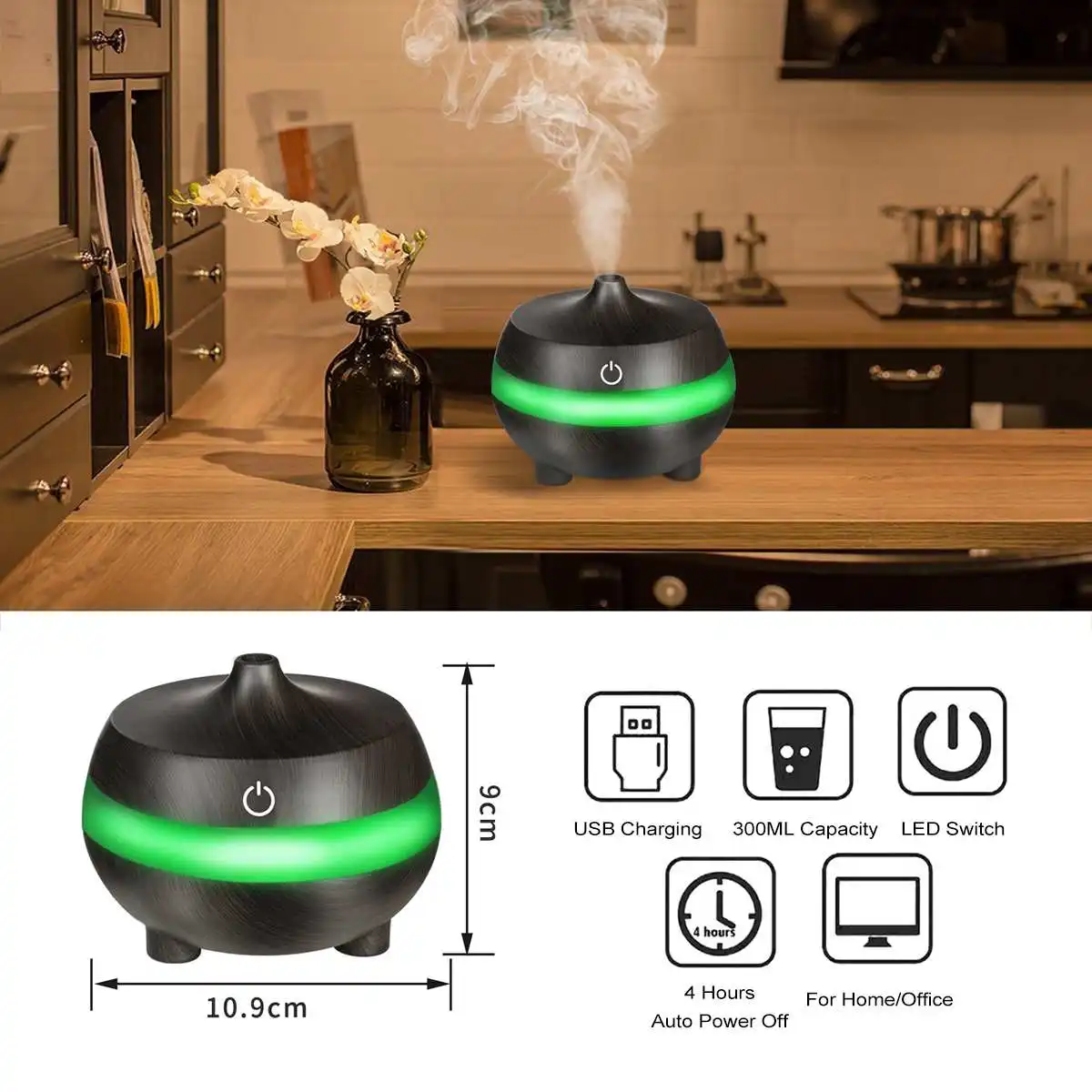 Mini Wood Grain 300ml Ultrasonic Air Humidifier USB Car Essential Oil Diffuser With 7 Changing Led Lights For Home Office