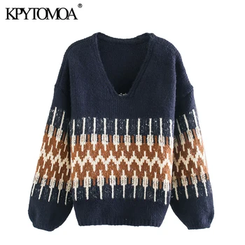 

KPYTOMOA Women 2020 Vintage Fashion Geometric Loose Knitted Sweater V Neck Long Puff Sleeve Female Pullovers Chic Tops