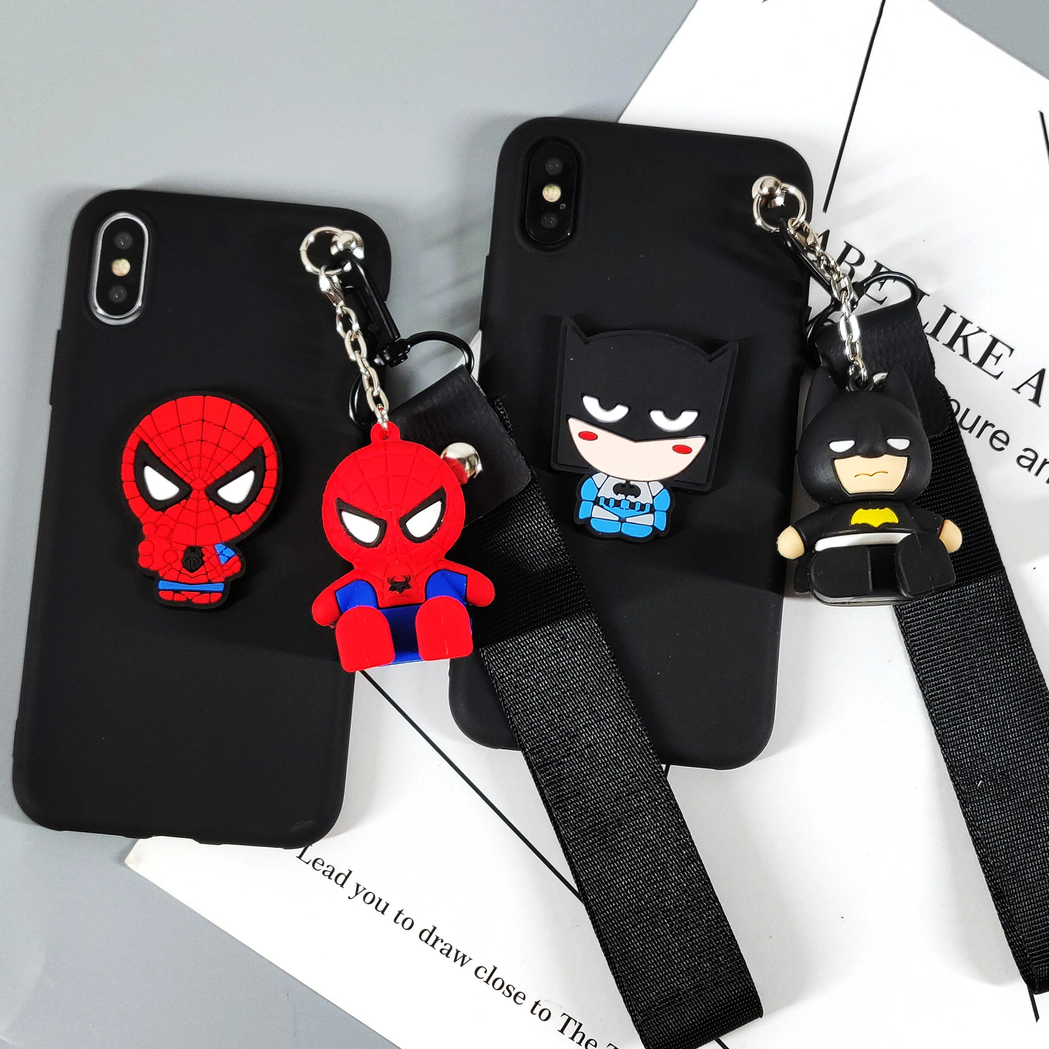 

Cute Superhero 3D Toy Stander Strap Phone Case for iphone 7 8 plus 6 6s 5s X XS Max XR Batman Ironman Soft TPU Back Cover Fundas