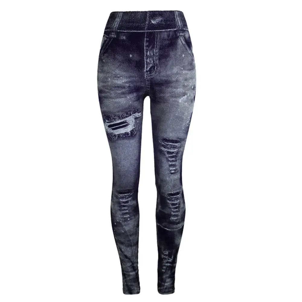 Navy Blue Женские леггинсы с золотым принтом, имитация потертых джинсовых леггинсов для фитнеса, тонкие эластичные леггинсы для тренировок, женские штаны с высокой талией, обтягивающие штаны - Цвет: Navy Blue