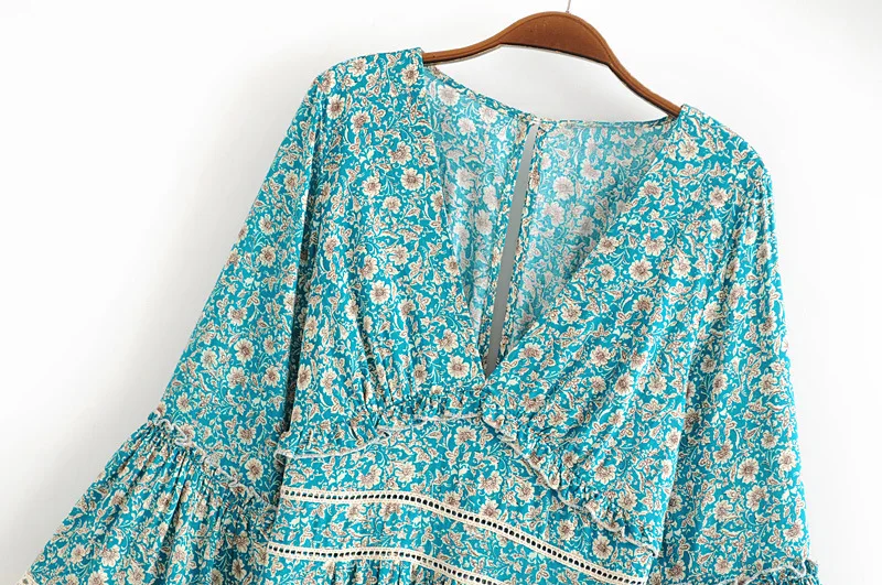 

Western Style WOMEN'S Dress 2019 Summer New Style V-neck Double Layer Lace Bell Sleeve Floral Printed Dress