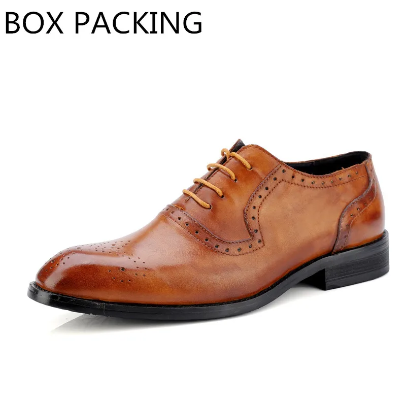 brown with box Обувь из натуральной кожи; нарядные туфли для мужчин в британском стиле; Туфли-оксфорды с острым носком; Весенняя Нескользящая деловая обувь; цвет черный, коричневый - Цвет: brown with box
