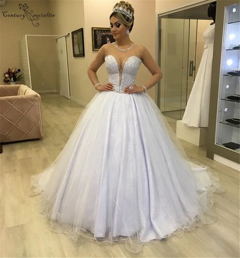 Vestido De Noiva Блестящие Свадебные платья с длинными рукавами, расшитые бисером и блестками, корсет сзади размера плюс, свадебные платья, платье невесты, Robe De Mariee