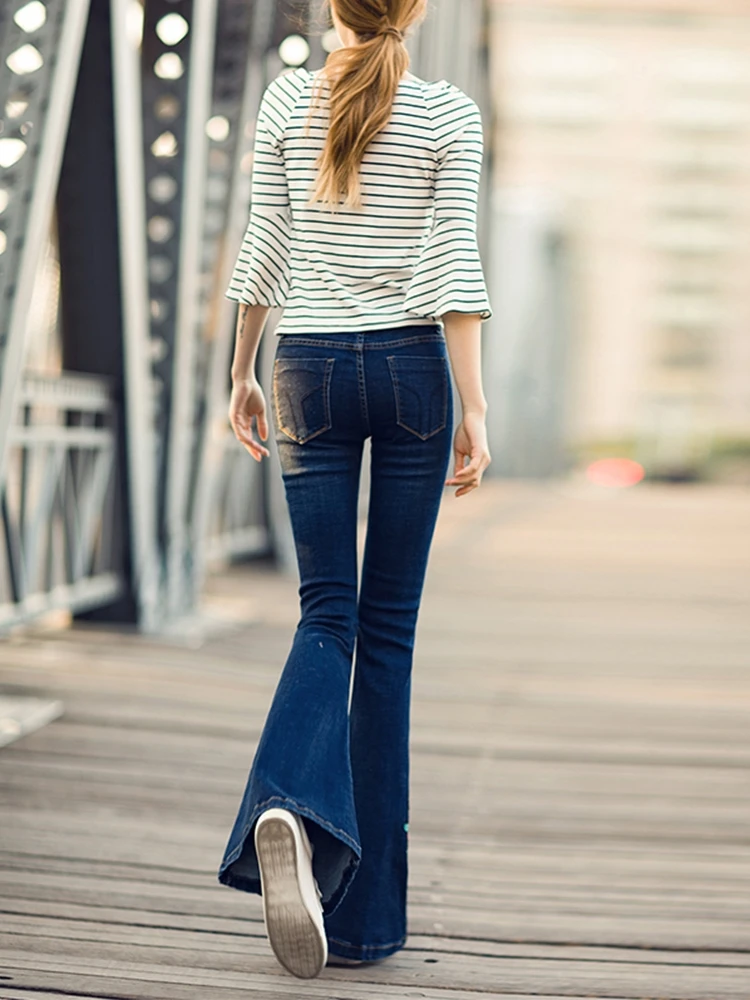 Free Shipping 2021 New Long Flared Trousers Embroidered Flowers Jeans Stretch 25-30 Size Four Season Denim High Quality Pants