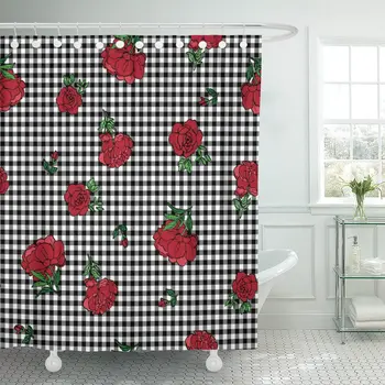 

Green Floral Rose Pattern on Gingham Red Abstract Arrangement Shower Curtain Polyester Fabric 72 x 78 inches Set with Hooks
