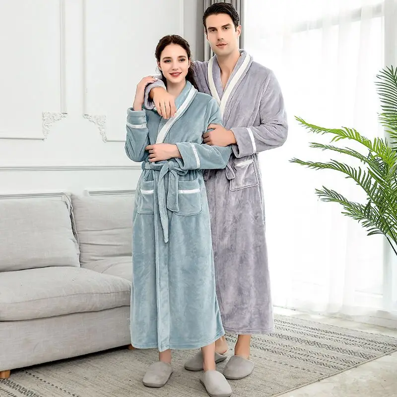 Women Men Bathrobe Nightgow Flannel Fleece Robe With Belt Sleepwear ...