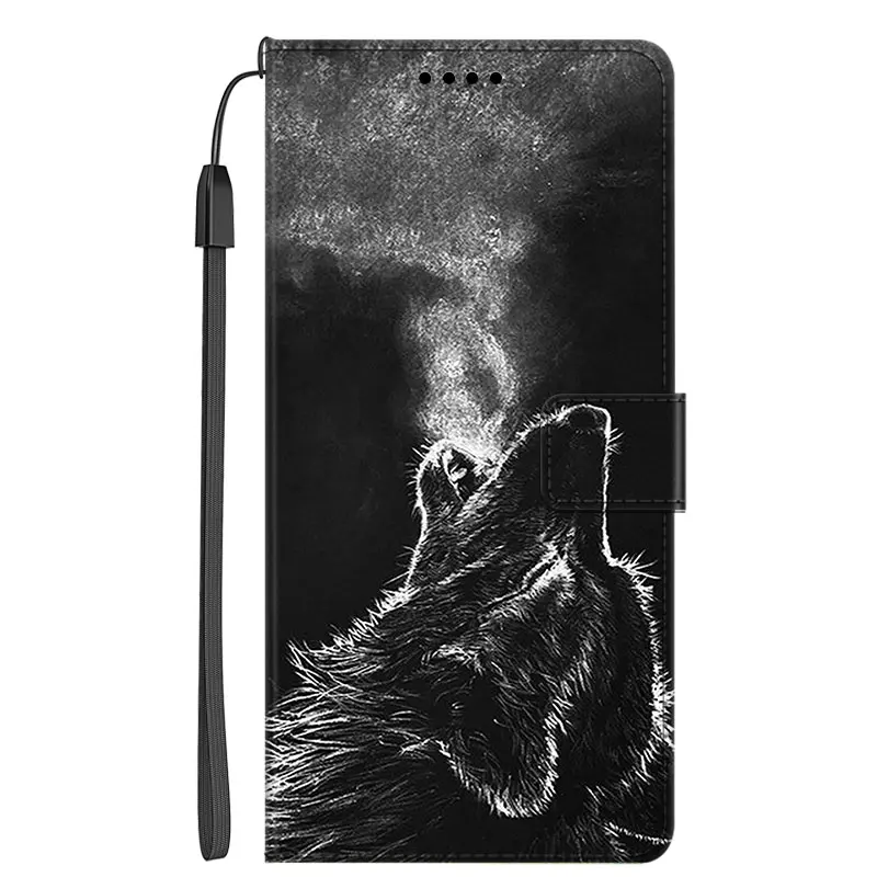 Elegant Leather Flip Phone Case with Wallet & Artistic Cat and Wolf Design