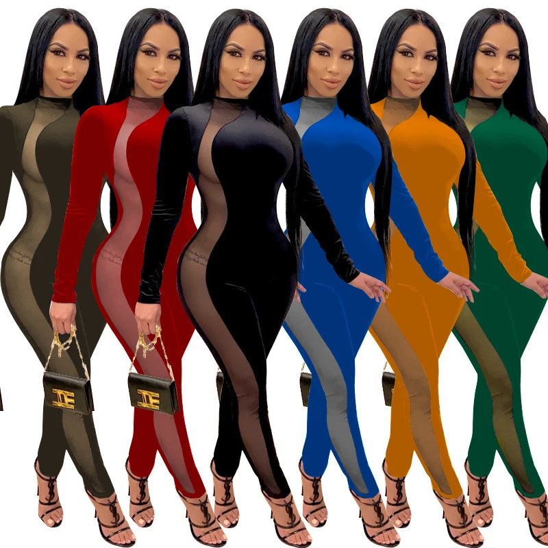 

O Neck Sheer Mesh Patchork Velvet Jumpsuit For Women Autumn Winter Long Sleeve Skinny Rompers Slim Fit Bodycon Nightclub Suit