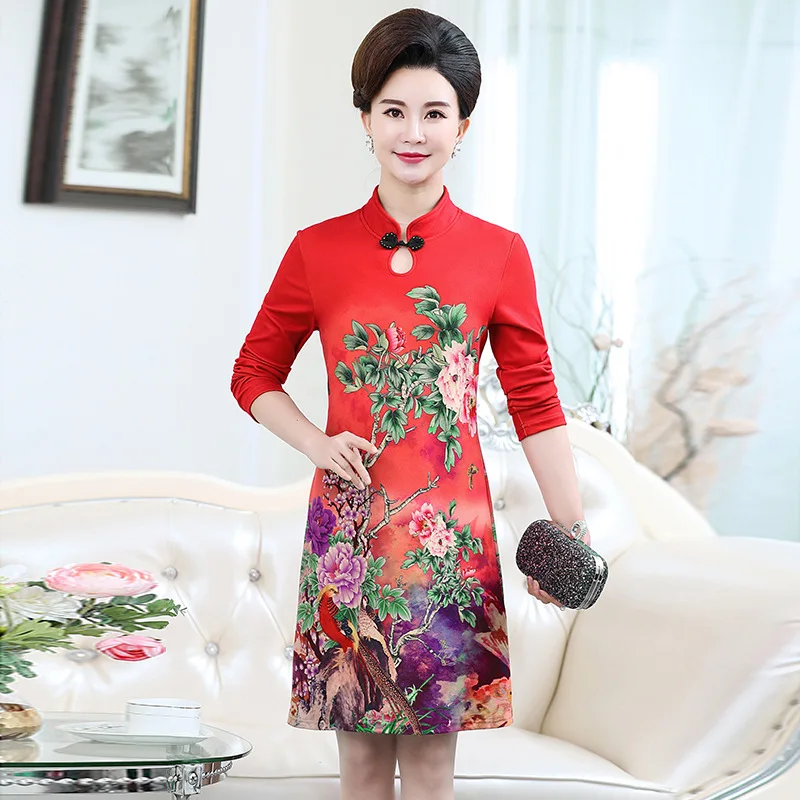 

Mandarin Collar Middle-aged Women Dress Spring And Autumn Mid-length Dress 2019 New Style Middle-aged Women's Dress Printed Dres