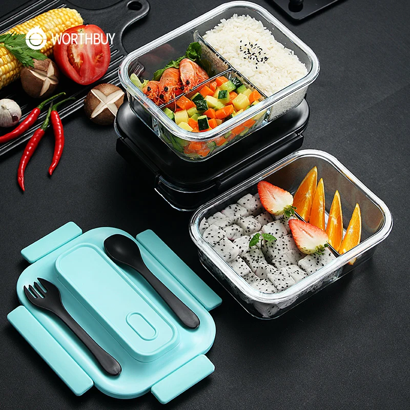 

WORTHBUY Glass Lunch Box With Compartments Microwave Bento Box For Kids Food Container With Tableware Set Leakproof Food Box
