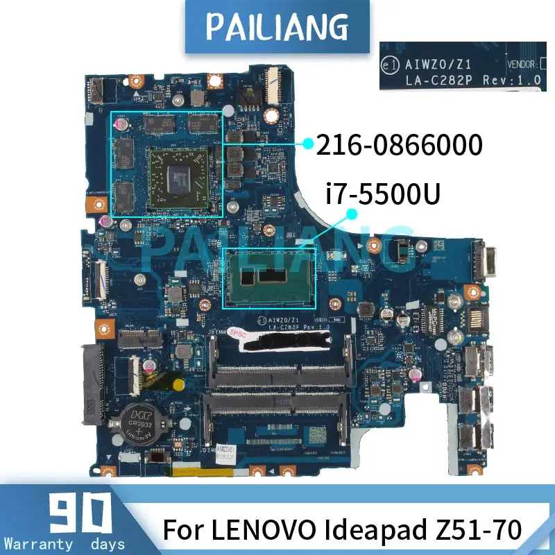 

PAILIANG Laptop motherboard For LENOVO Ideapad Z51-70 i7-5500U Mainboard LA-C282P 5B20J23649 SR23W 216-0866000 DDR3 tesed