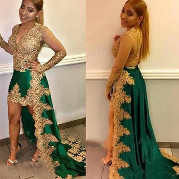 

Eigthale Sexy Evening Dresses V-Neck Appliques Emerald Green and Gold High Low Prom Gowns Satin Arabic Long Sleeves Party Dress