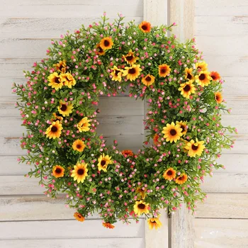 

45cm Artificial Sun Flower Garland Halloween Door Hanging Rattan Circle Silk Thanksgiving Milan Wreath Home Christmas Deco Plant