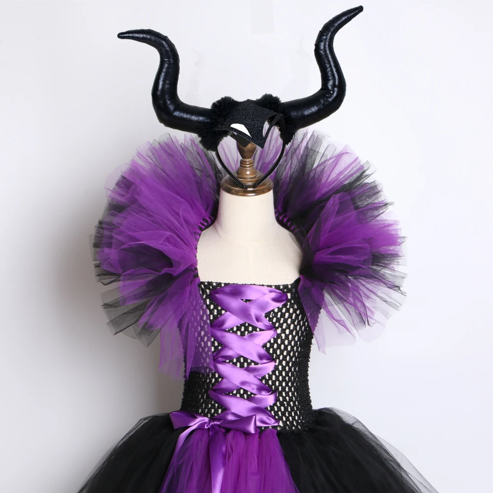 Maleficent/платье-пачка с рогами и крыльями злой королевы; нарядное платье для девочек; карнавальные вечерние платья для детей; костюм ведьмы для косплея на Хэллоуин