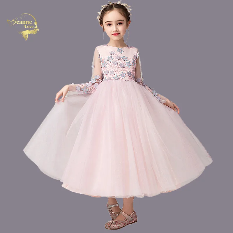 

Popular Tulle Pink Flower Girl Dresses for Weddings Long Sleeves 3D Floral Applique First Communion Dresses Girls Pageant Gowns