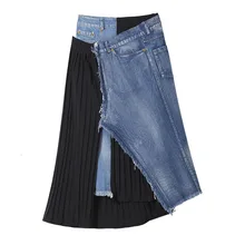 EWQ/женская одежда, джинсовая, Лоскутная, плиссированная, асимметричная, высокая талия, полубоди, юбки, женская мода, весна, новинка JZ265