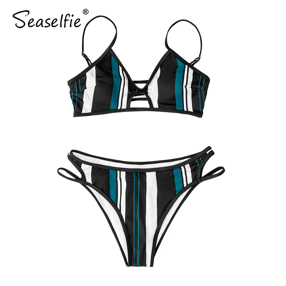 SEASELFIE сексуальные синие белые и черные полосатые комплекты бикини купальник из