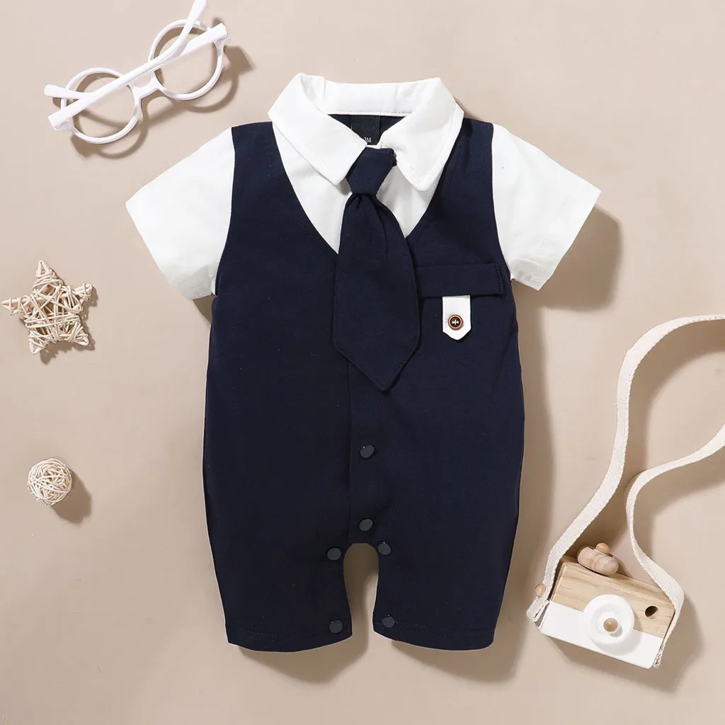Newborn Infant Baby Boys clothes Solid Gentleman Tie Romper Jumpsuit Outfits Baby Clothing Short Sleeve T-shirt #C