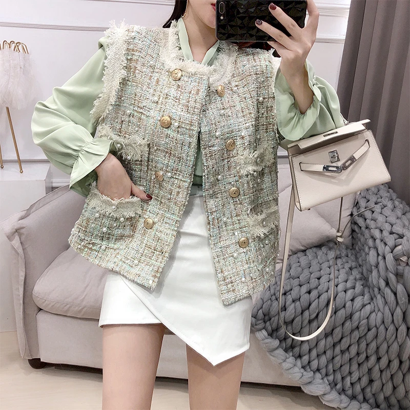 

Temperament Chiffon Shirt Women Double-breasted Hand Studded Beads Small Fragrant Waistcoat Students Jacket Buy Separately