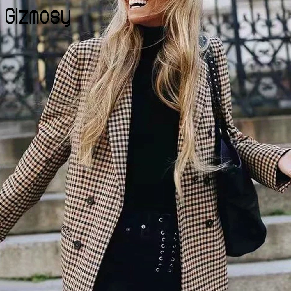 

2019 Autumn New Retro single-breasted style long sleeves Lattice Suit Jacket Suit collar coat Blazer Female Casual Coat CA3453