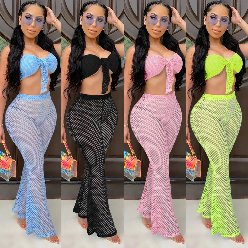 

Fishnet Hollow Out Two Piece Set Tracksuit For Women Bow Tie Crop Top And See Through Flare Pant Neon Green Plus Size Sweatsuit