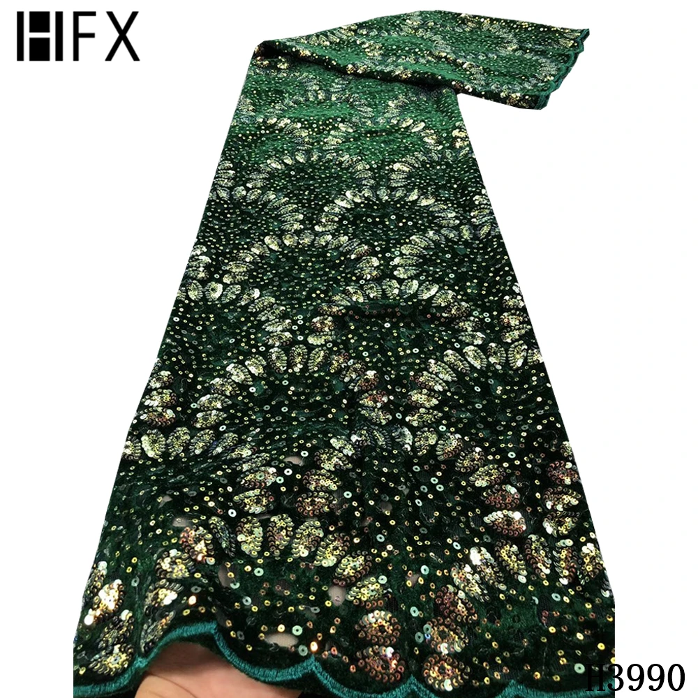 HFX Green 2021 New Arrival Velvet Tulle Fabric Lace Latest Nigerian Sequin Velvet Fabric 5 Yards Net Lace For Party Dress F3990