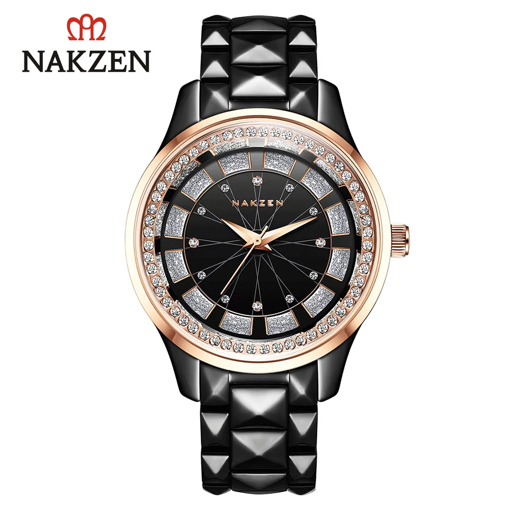 Оригинальные японские часы Nakzen, женские керамические кварцевые часы, высокое качество, бизнес часы, кубическая циркониевая инкрустация SS1025