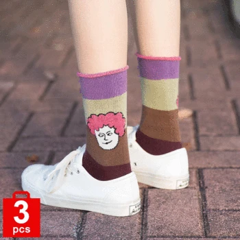 

Stocks Women Autumn winter Striped color matching Women's sock College style cartoon Cute human head curled Female socks
