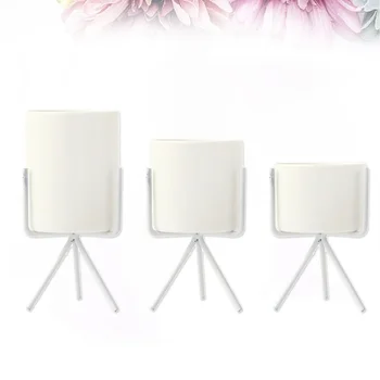 

3PCS Set of Ceramics Ceram Succulent Planter Pot Flowerpot Planter and Truncated Cone Shaped Iron Metal Stand (White)