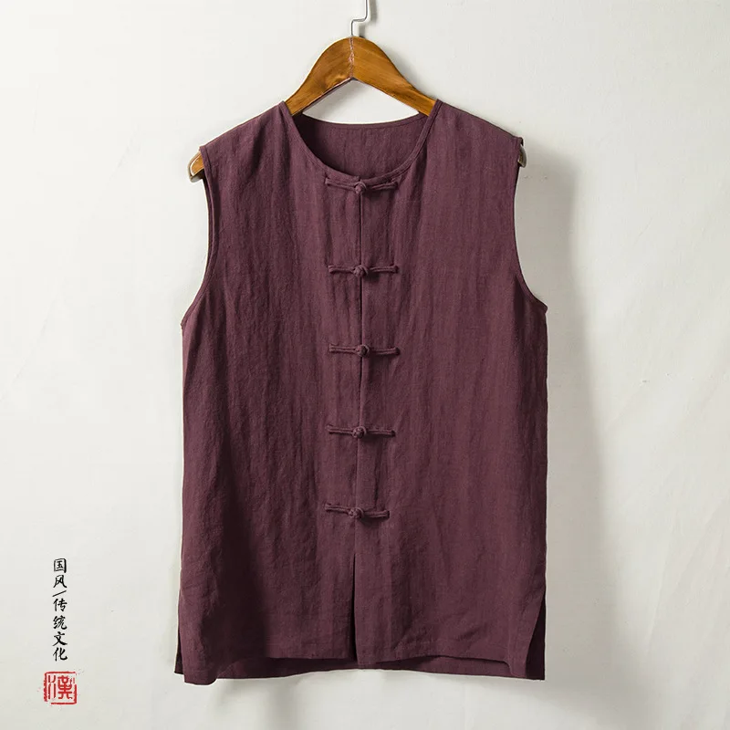 Traditional Chinese Clothing Men Cotton Linen Vests Sleeveless Waistcoat Casual Kung Fu Tai Chi Tang Suit Style Tops CN-130