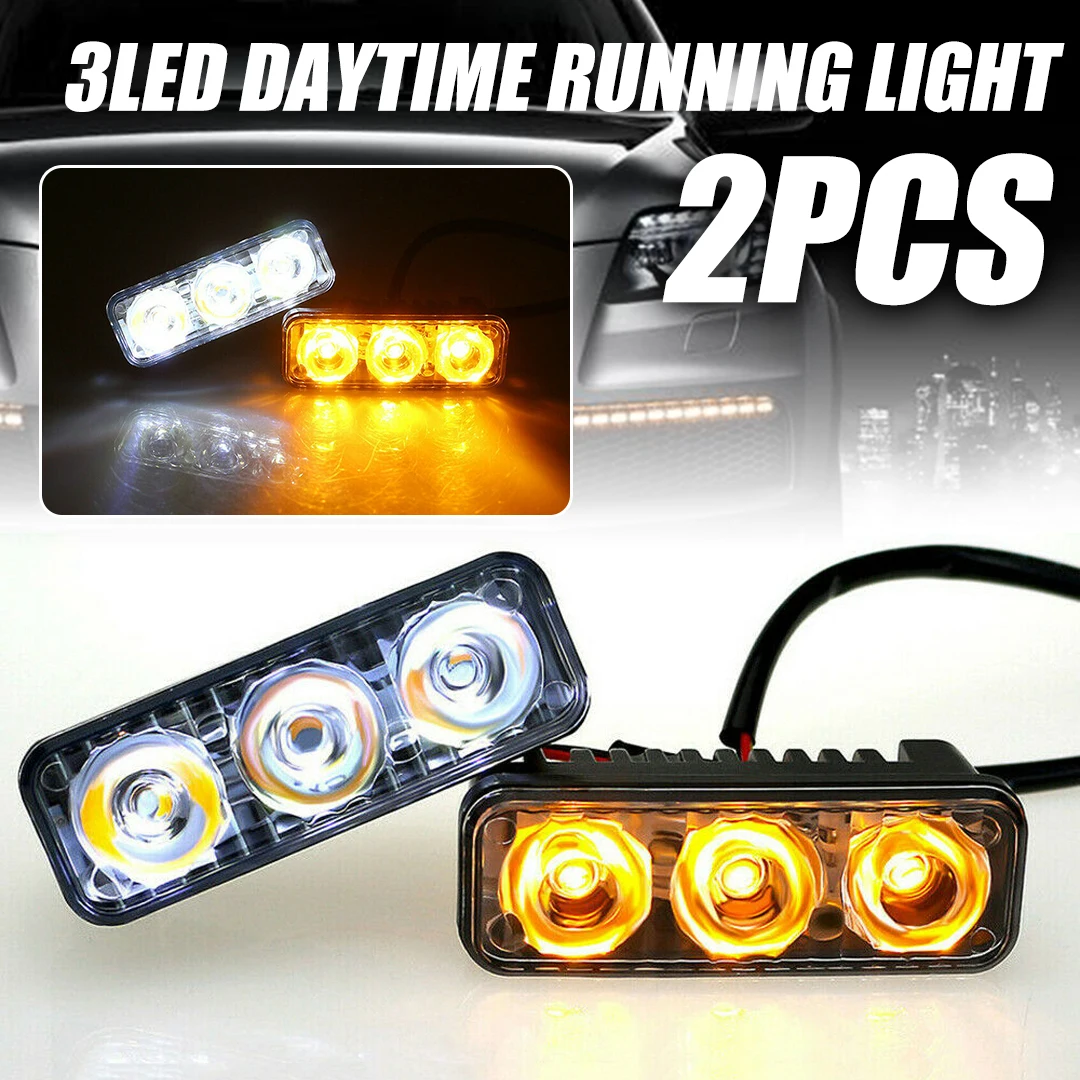 

2pcs 3 LED Amber & White 12V Daytime Running Light Car Turn Signal Indicator Lamps with Mounting Brackets for Car Lighting
