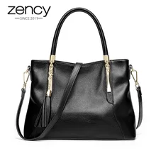 Zency натуральная кожа сумка-тоут классическая черная женская сумка через плечо с кисточкой модная вместительная Женская сумочка через плечо