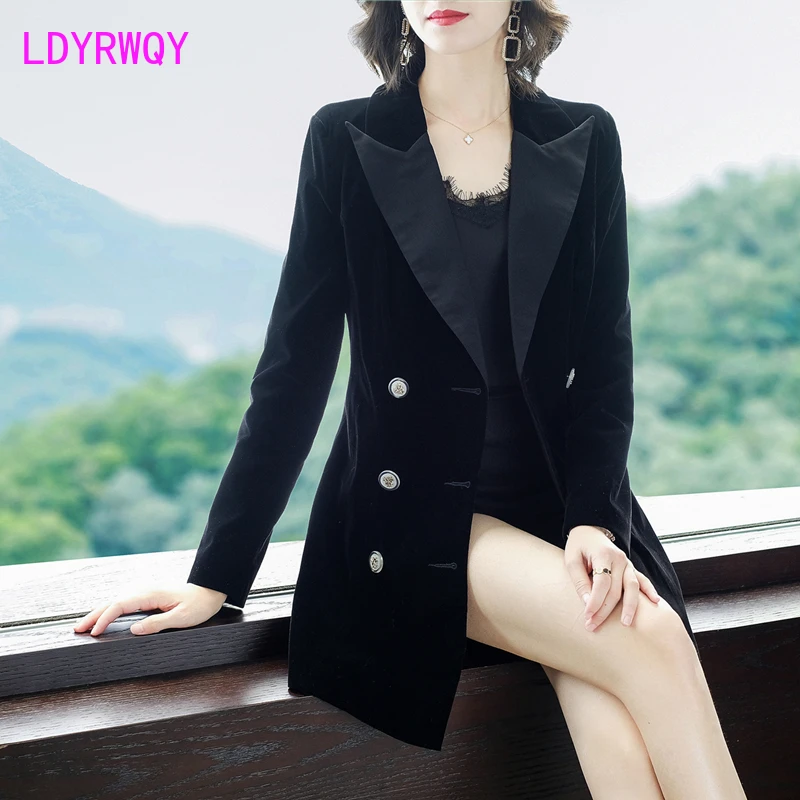 2019 autumn new Korean professional casual black gold velvet suit collar jacket style female coat Double Breasted  V-Neck