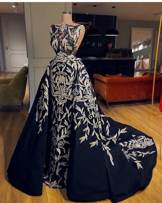 Винтажная черная Русалка Вечерние платья со съемным шлейфом длинные вышитые Выпускные платья vestido de festa Longo