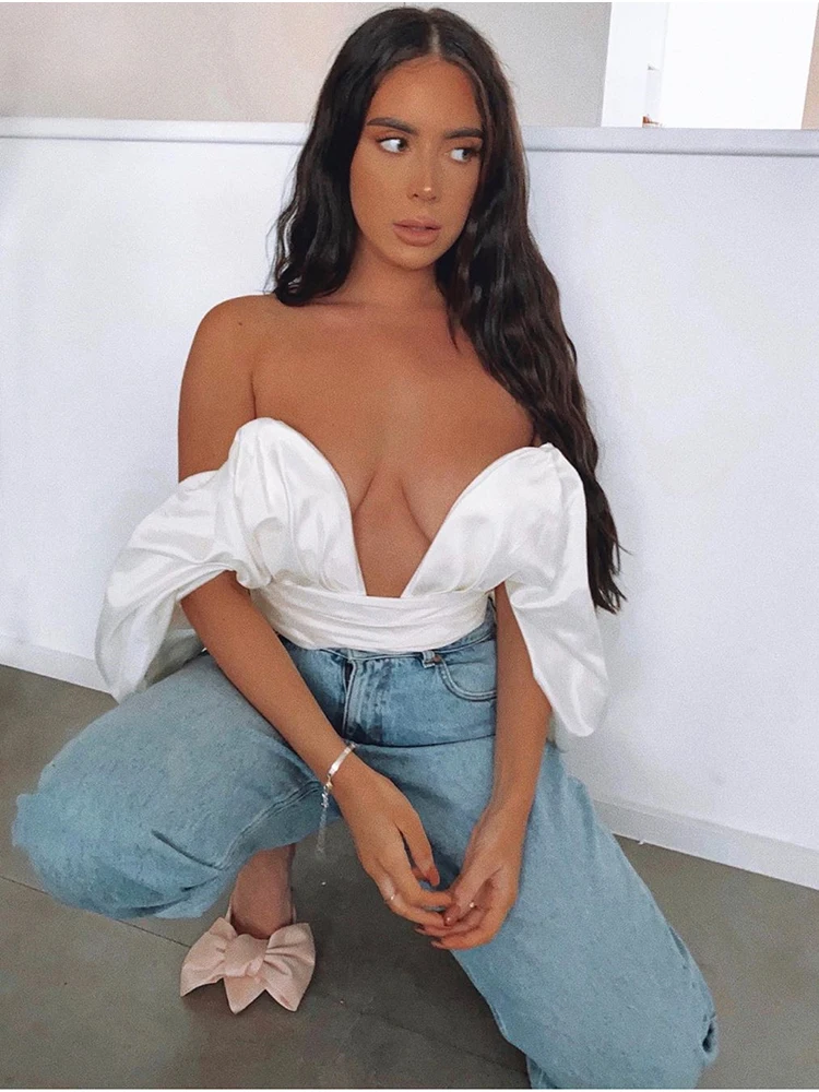 NewAsia Garden Off Shoulder Blouse Women Glossy Deep V-neck Backless White Tops Fashion Back Big Bow Sexy Blusas Casual 2020 New