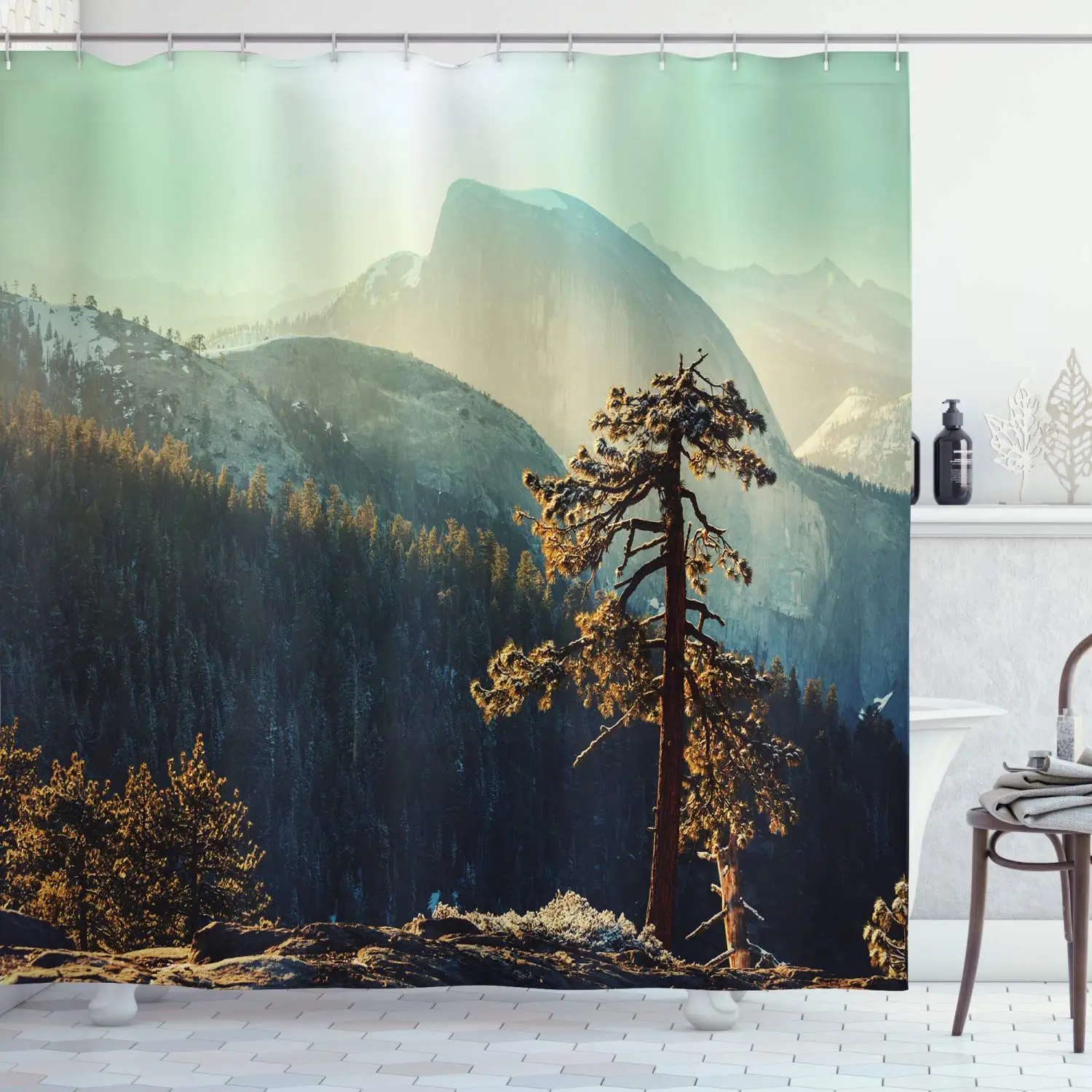 

Yosemite Shower Curtain, Yosemite National Park from The Top of Mountain Misty Morning Landscapes Photo, Cloth Fabric Bathroom