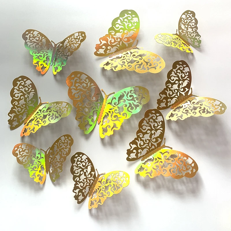 12PCS 3D Butterflies Wall Stickers Gold Rainbow Colorful Butterfly