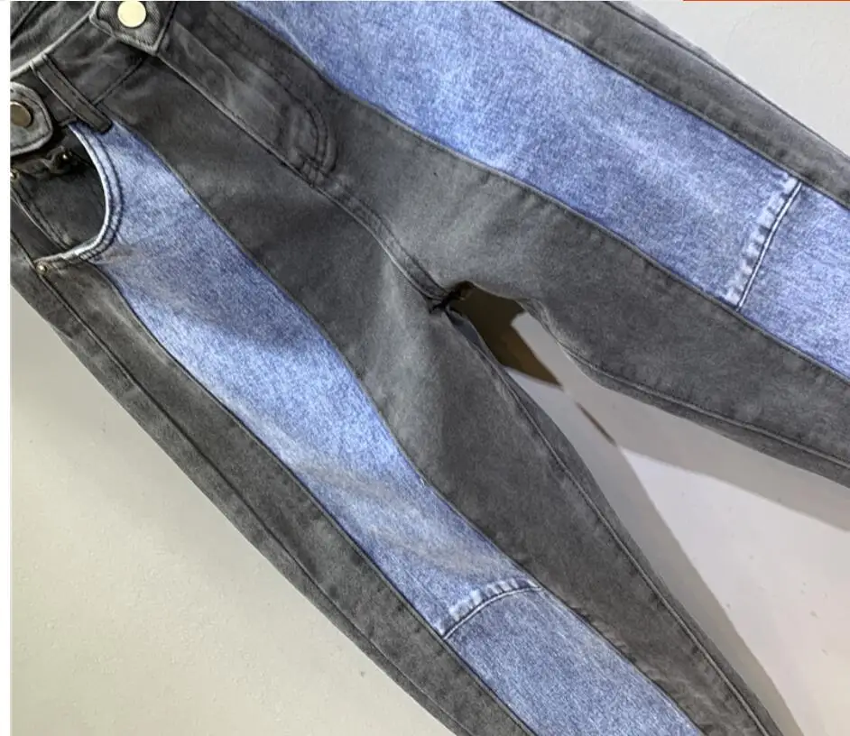 autumn new fashion stitching contrast color jeans women high waist loose carrot pants straight