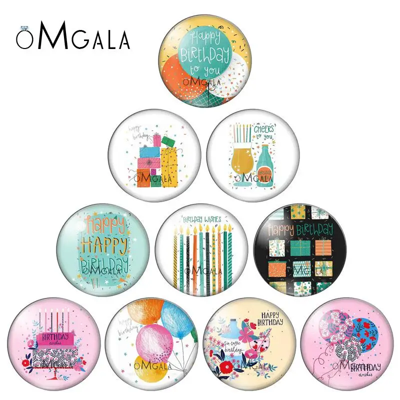 

Cartoon Cheer Happy birthday Patterns 10pcs mixed 12mm/18mm/20mm/25mm Round photo demo glass cabochon flat back Making findings