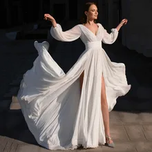 

Chiffon V-Neck Wedding Dresses 2022 High Split Summer Style Full Sleeve Backless Light Train Simple For Women Custom Made A-Line