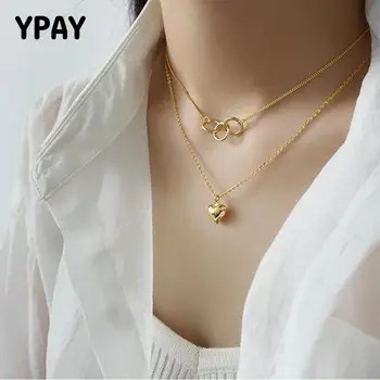

YPAY Double Layers Geometric Circle Love Heart Pendant Necklace for Women Lovers 100% 925 Sterling Silver Party Jewelry YMN107