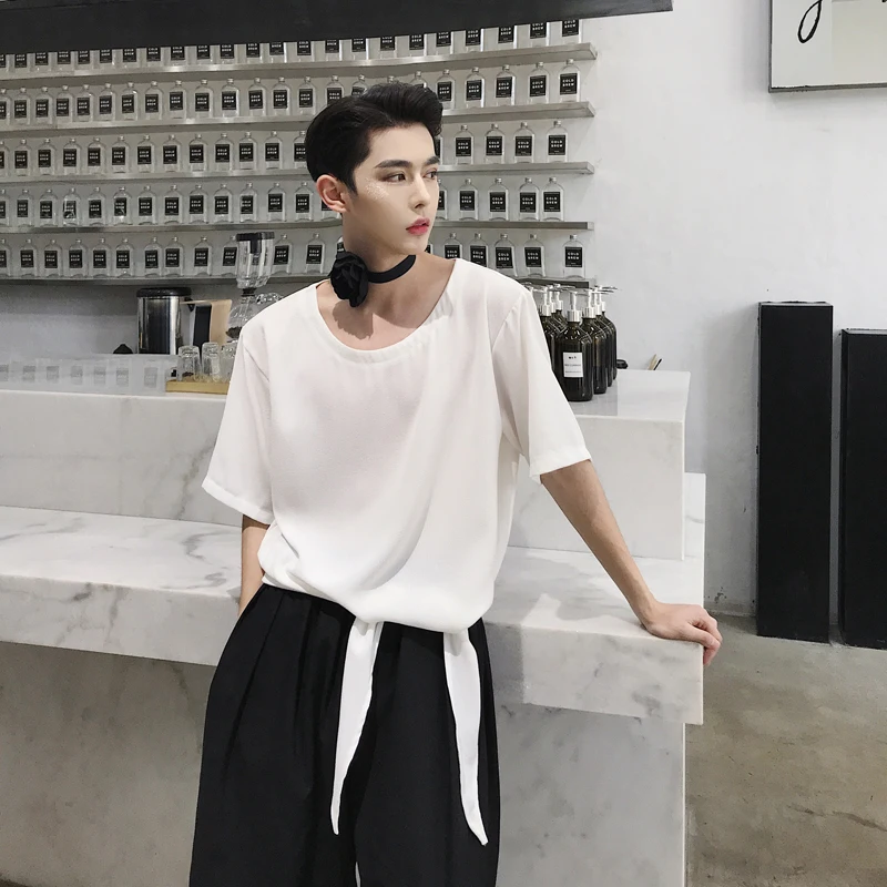 

Men's Short Sleeve T-Shirt Summer New Korean Style Personality Lace Pure Color Hairdresser Leisure Loose Large Size Half Sleeve